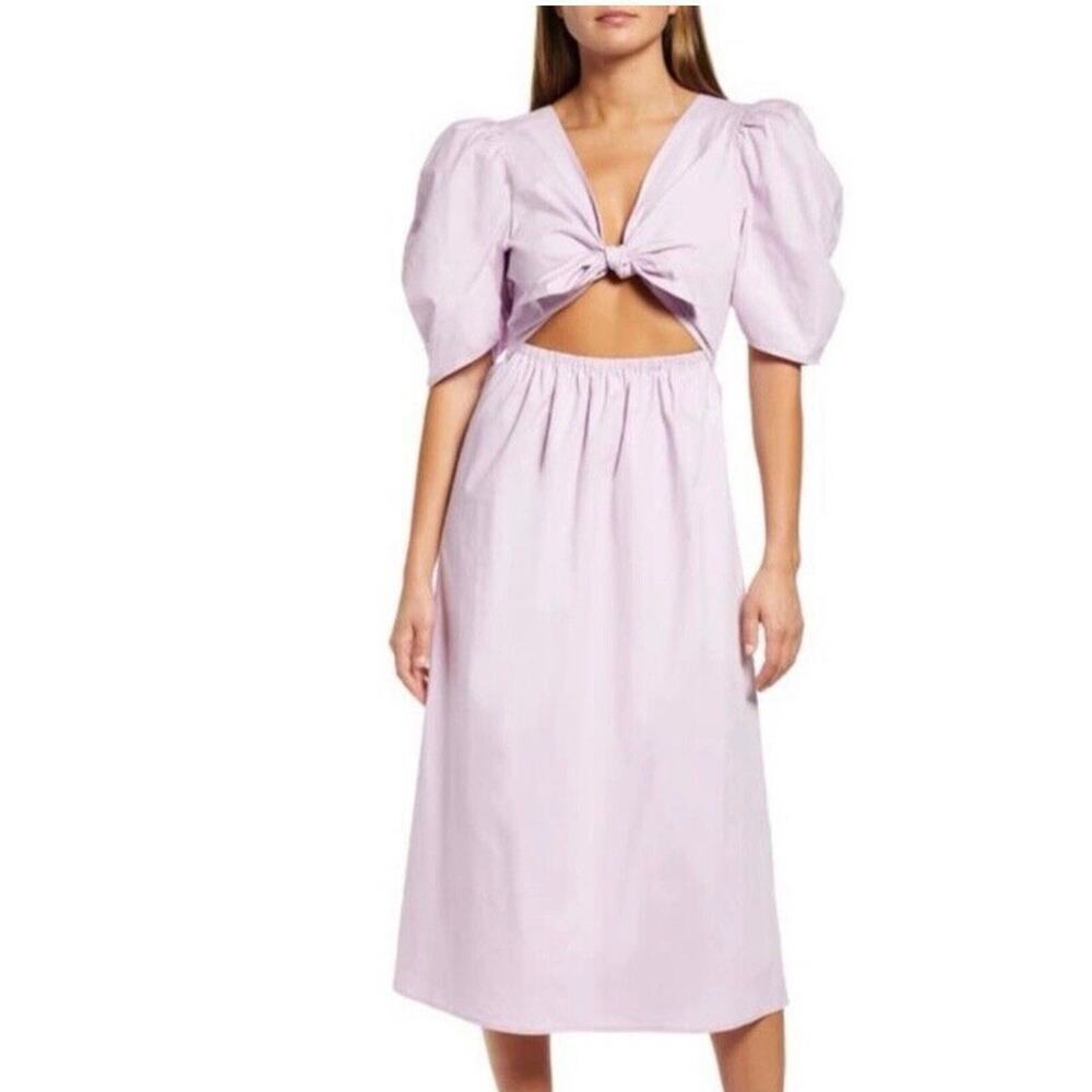 WAYF Revolve Peggy Twist Cutout Puff Sleeve Midi Dress in lavender Small 1789